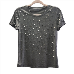 SUZY SHIER gray pearl embellished crew loose fit neck t-shirt